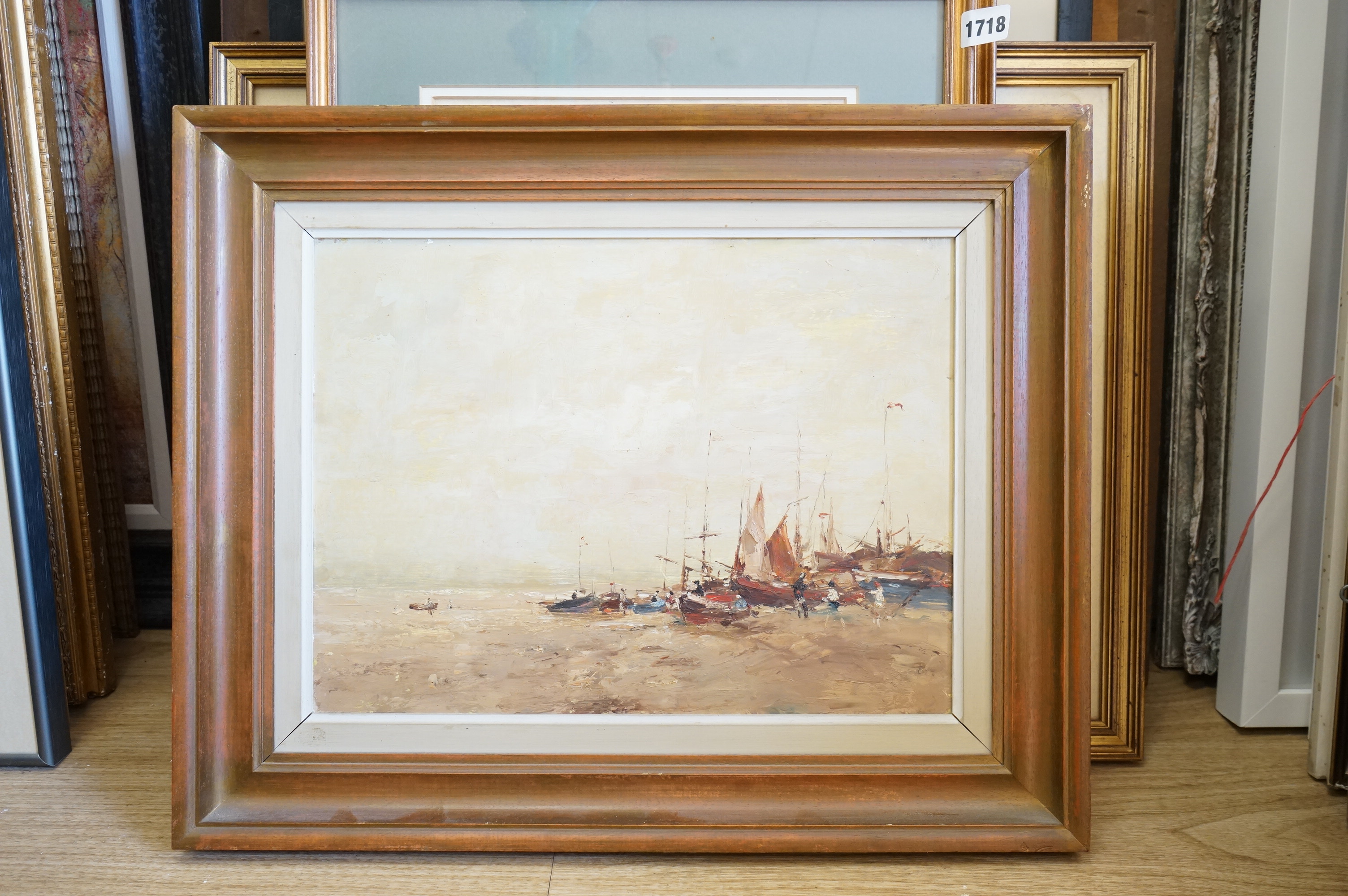 Mid century, oil on board, Coastal view with beached fishing boats and figures, unsigned, 29 x 39cm